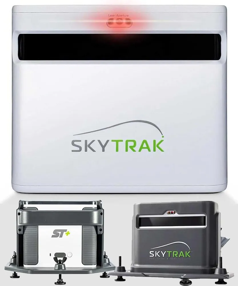 SkyTrak ST+ Plus golf launch monitor set up for indoor simulator play