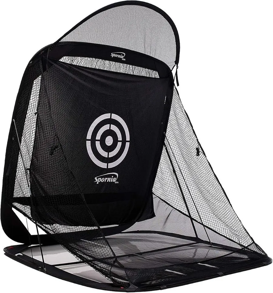 Spornia SPG-7 pop-up golf practice net with angled target sheet and automatic ball return