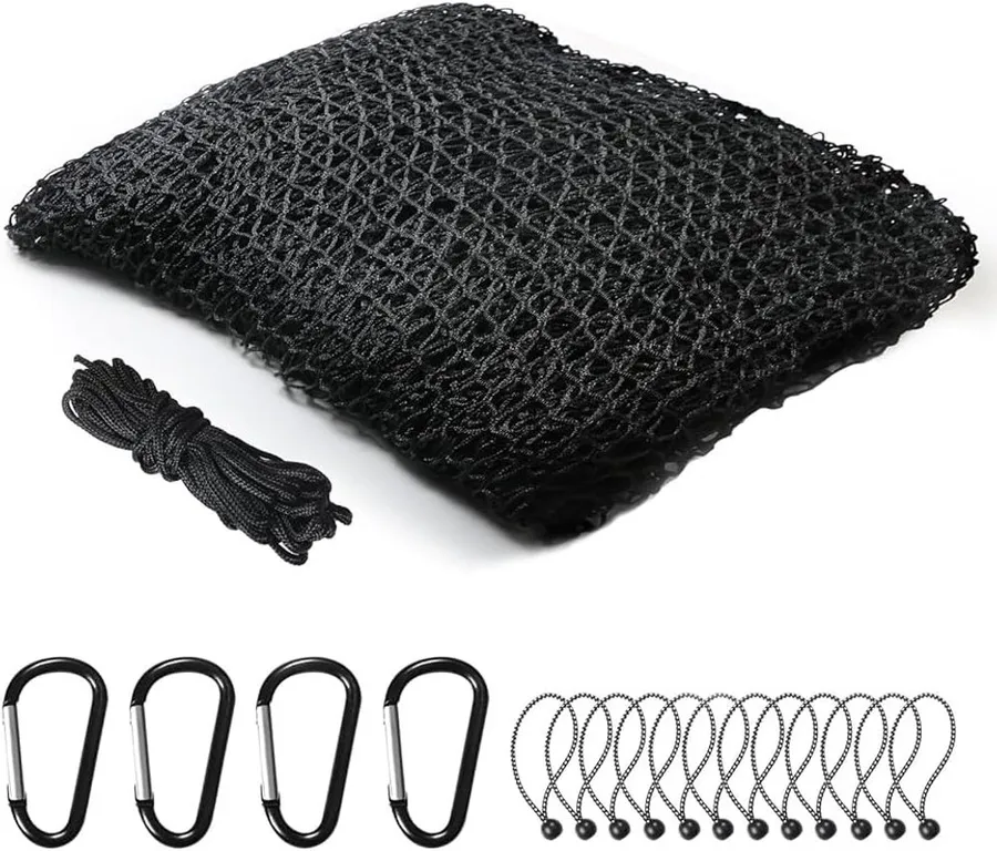 Black nylon golf barrier netting panel with rope border