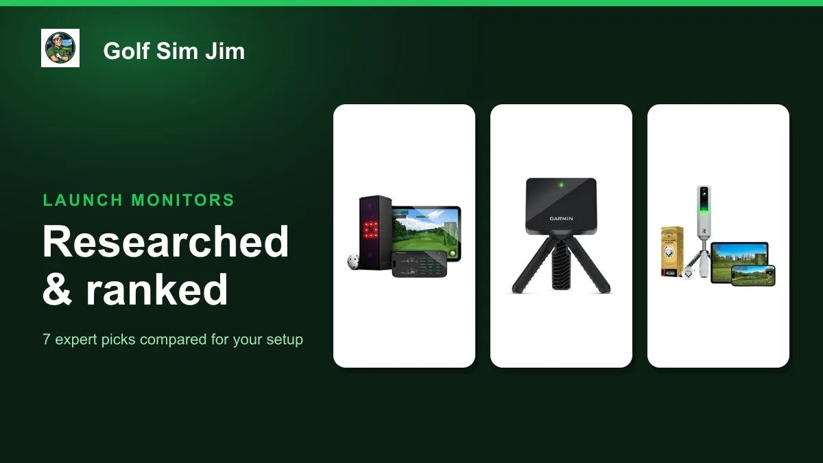 Several golf launch monitors including the Square Golf unit lined up on a hitting mat behind a ball