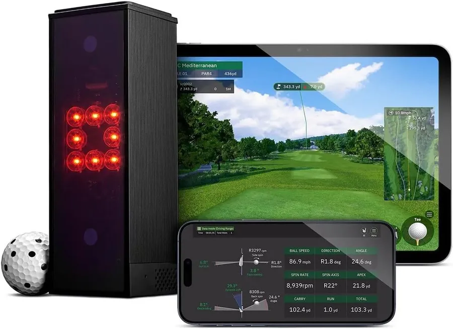 Square Golf launch monitor unit set up on a hitting mat