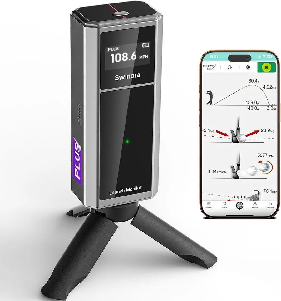 Swinora portable golf launch monitor unit positioned next to a golf ball