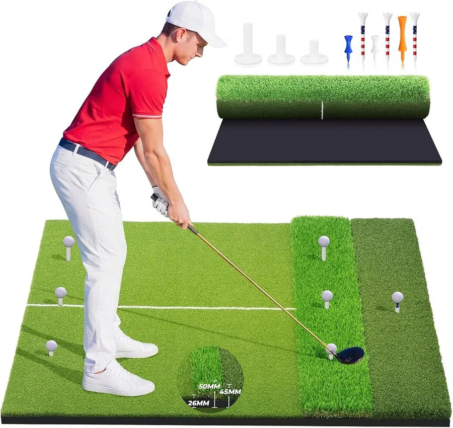 Tri-Turf 3-in-1 golf practice mat with fairway, rough and driving surfaces