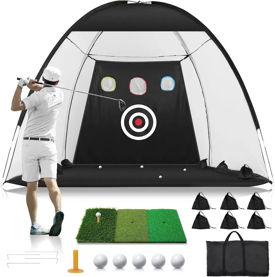 Golf practice net with three-surface tri-turf hitting mat in front