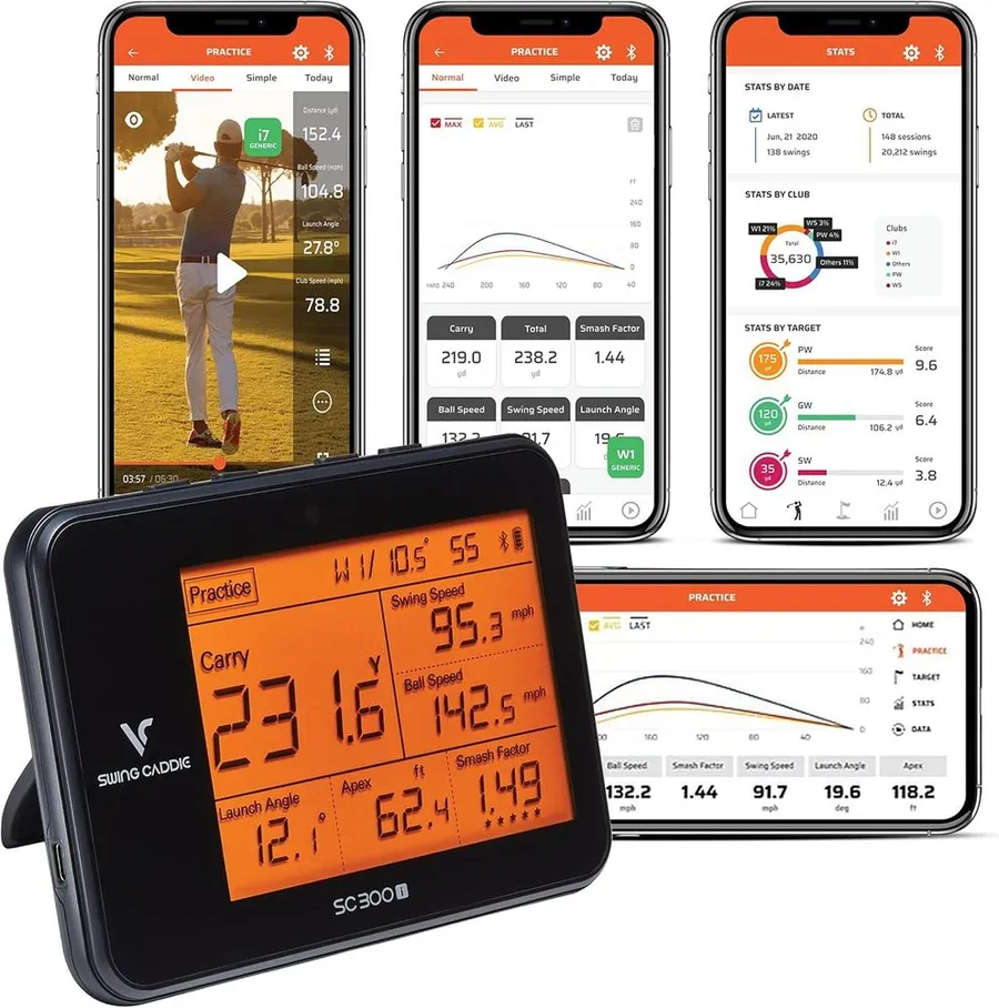 Voice Caddie SC300i portable launch monitor standing upright on grass