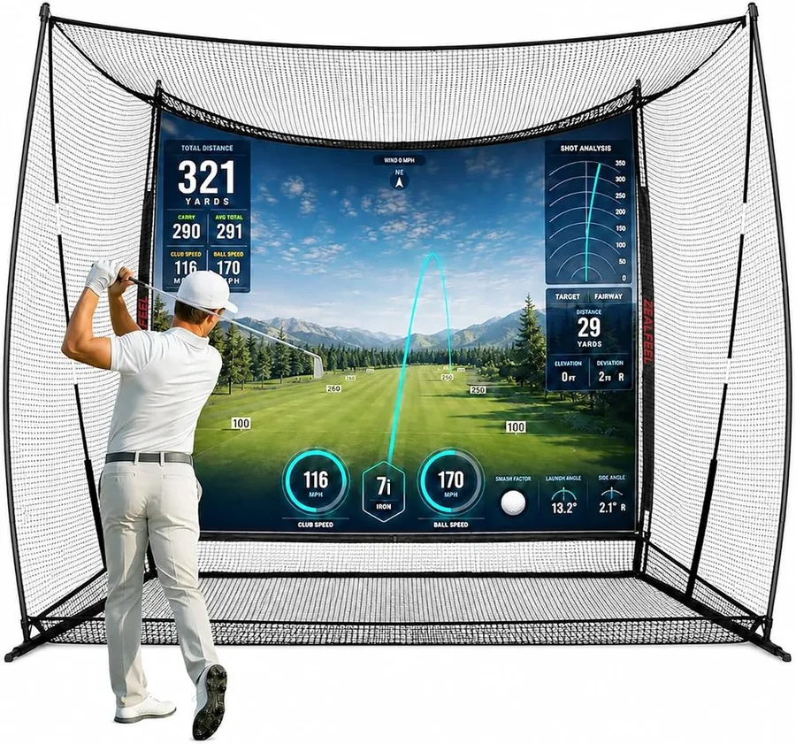 ZEALFEEL golf simulator cage with side barriers and dual-layer HD impact screen