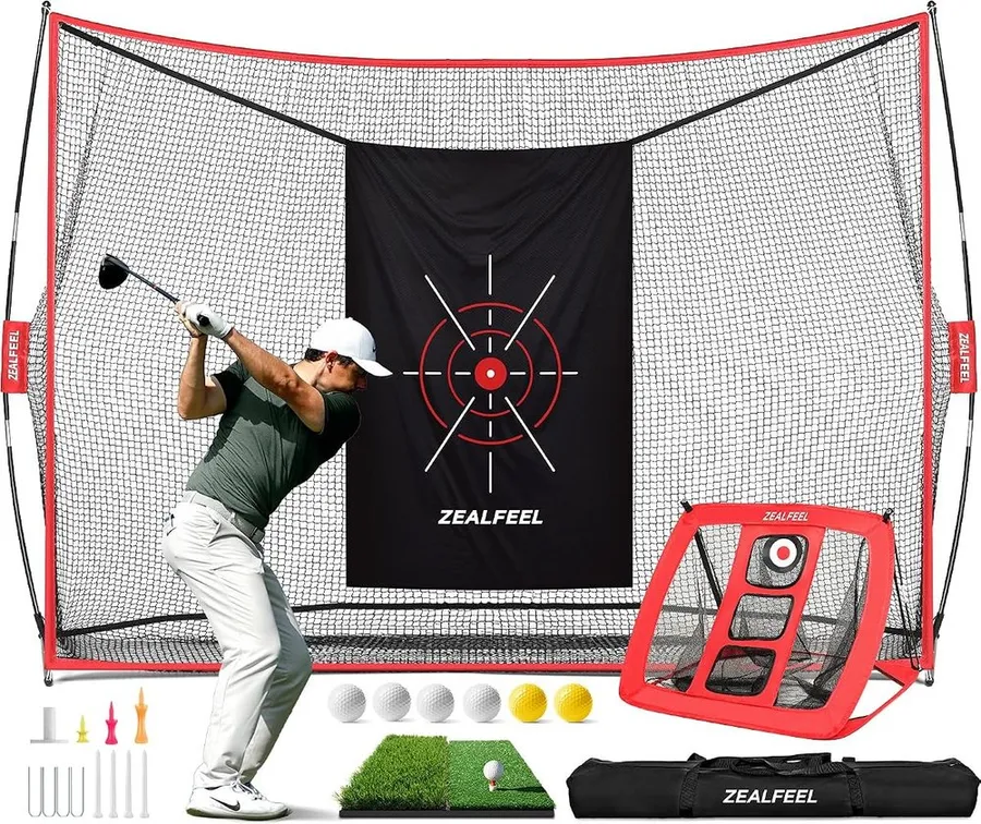 ZEALFEEL golf net with separate chipping net and foldable mat in a yard