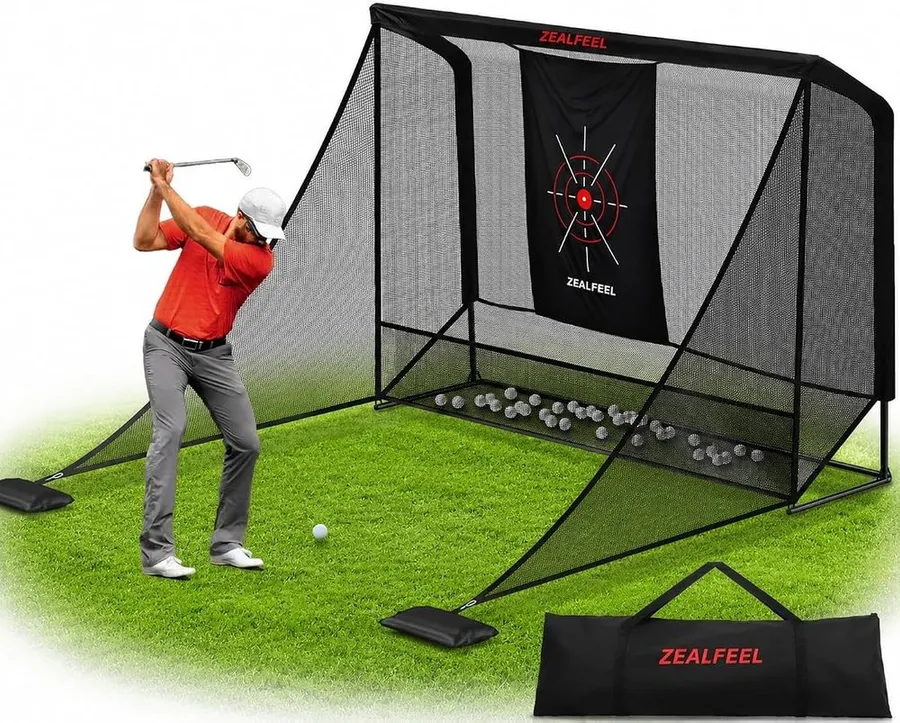 Zealfeel golf simulator enclosure net with side barriers set up outdoors